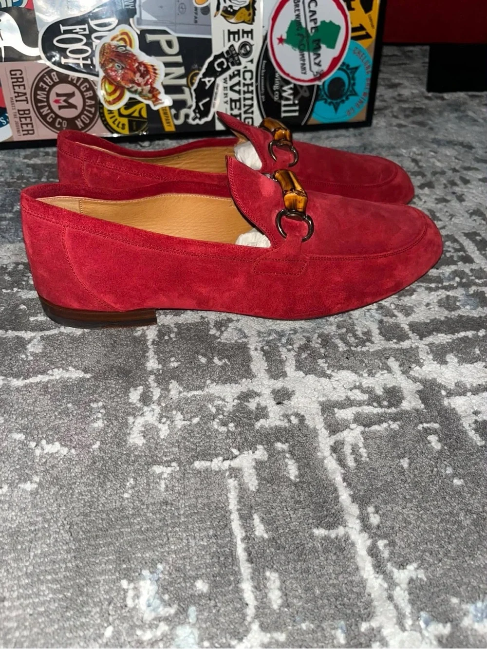 Gucci Red Suede Loafers with Bamboo Bit